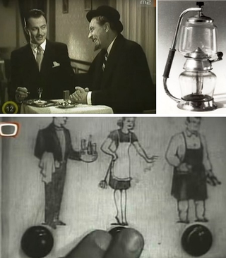 1. A gyufásdoboz-tartóval kombinált hamutartó minden filmben megjelenik, akár bárban, kiskocsmában, előkelő étteremben, kávéházban zajlik a jelenet. A gyufásdoboz belsejét kivették, a külső részt ráállították egy tartóra és abba tették vissza a gyufákat. 2. Ezt a fajta masinát lehetett látni minden filmben, ahol kávét főztek. 3. A három csengő c. film személyzeti hívógombjai egy szállodában.